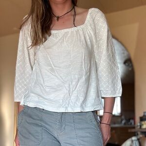 White Cotton Blouse with Flowery Eyelet Sleeves